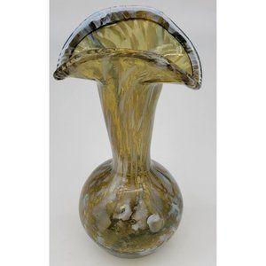 Vintage Hand Blown Olive Green & White Art Glass Vase